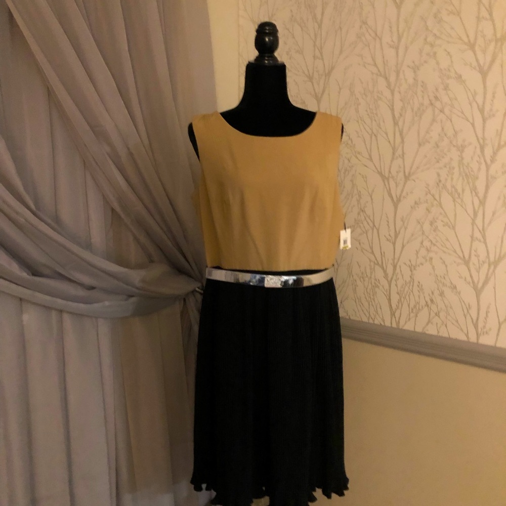 Calvin Klein dress with fine pleated bottom. Beige and black